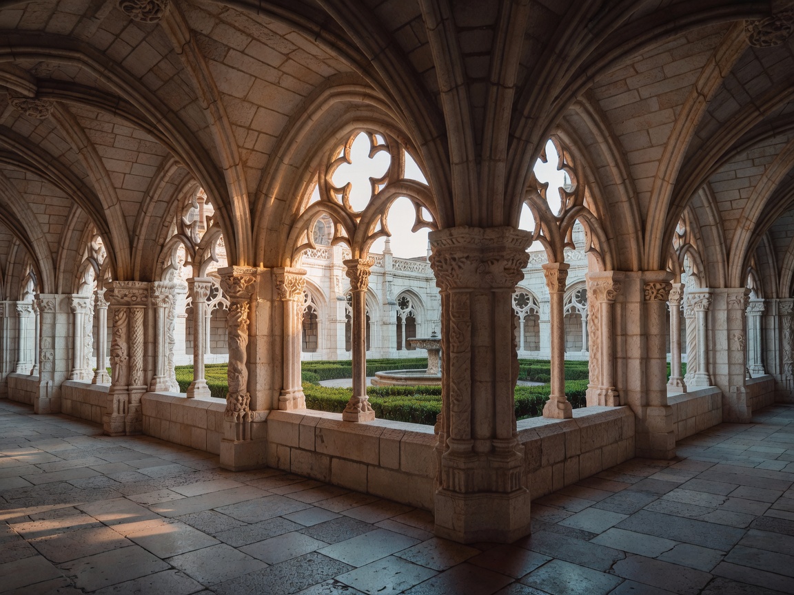 Arched stone gothic cloisters of Jeronimos Monastery in Lisbon Portugal