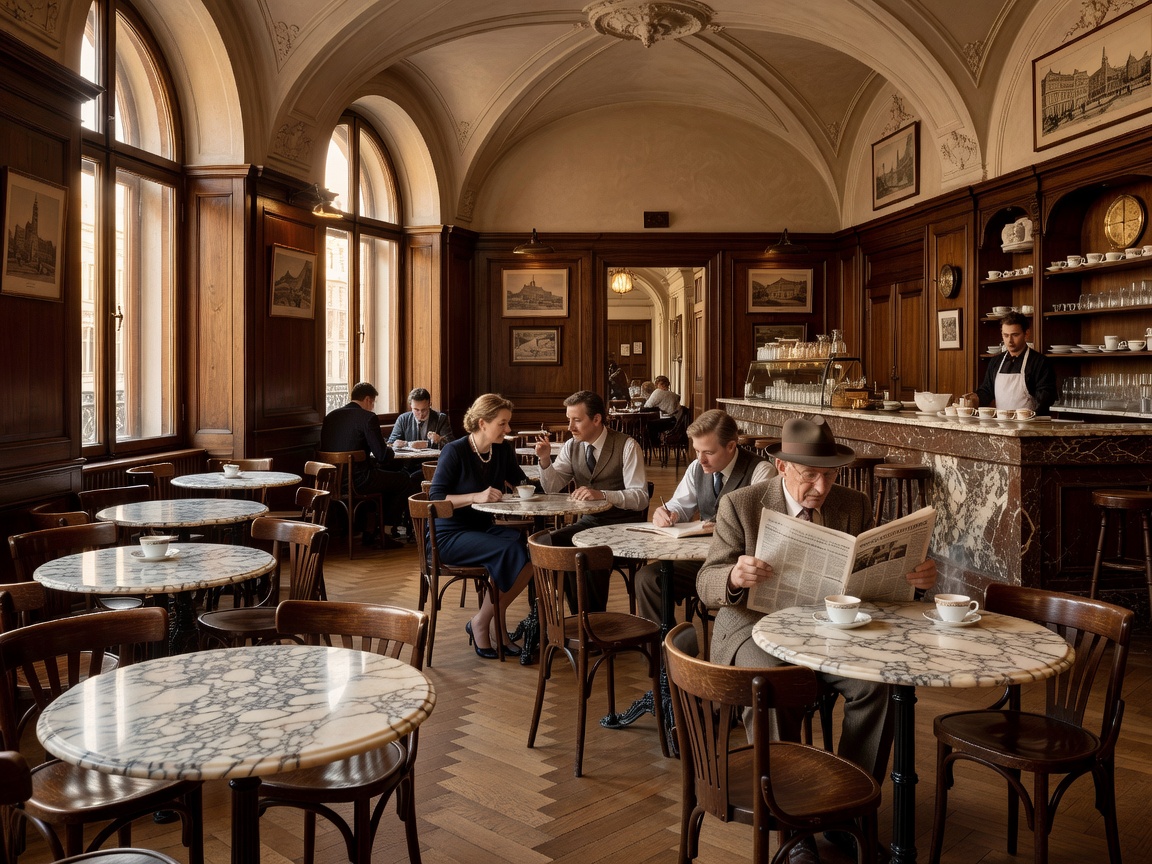 Classic Viennese coffeehouse interior with marble tables and bentwood chairs