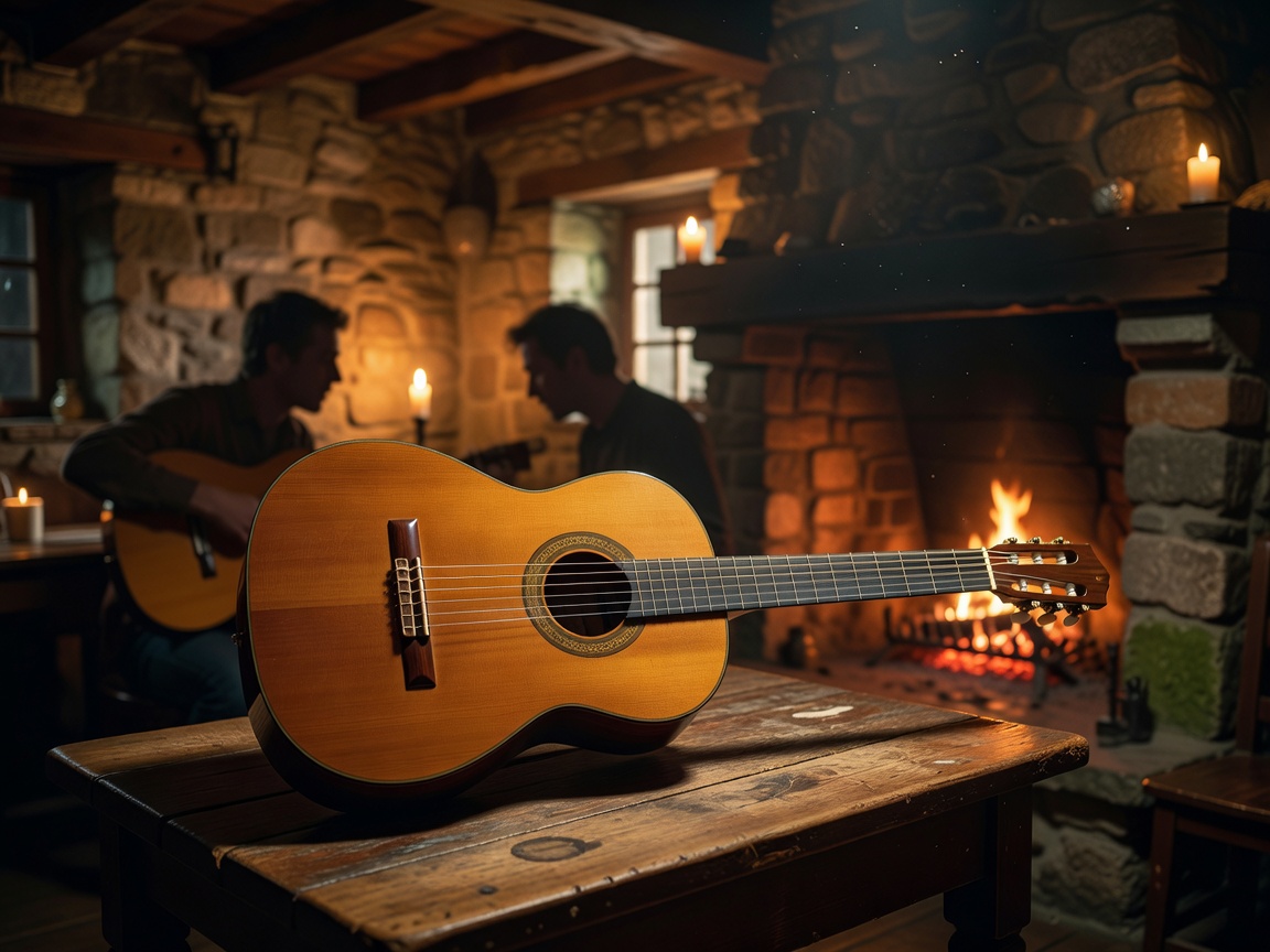 Classical acoustic guitar in warm tavern lighting reflecting intimate music session