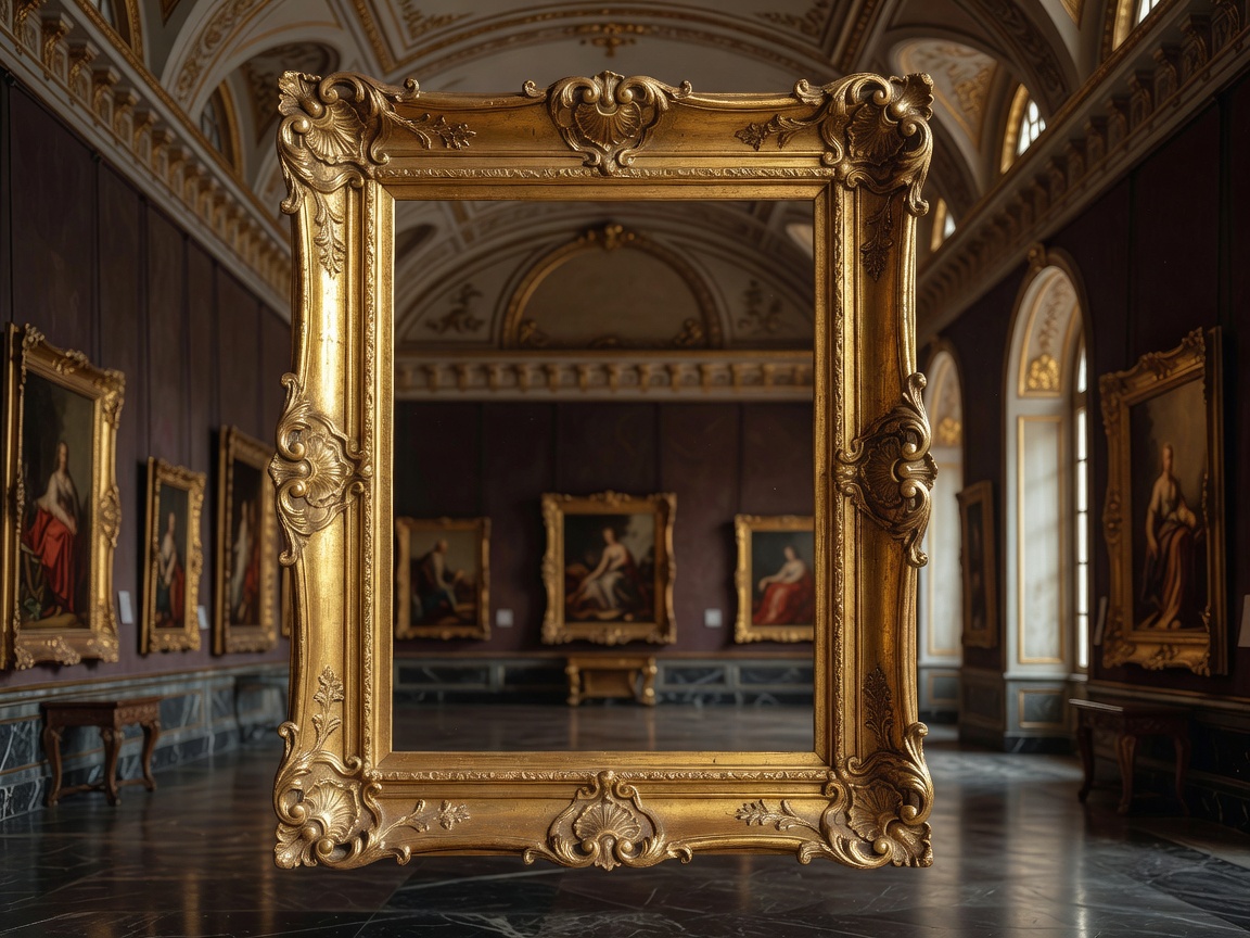 Classical art gallery and golden gilded art frame details