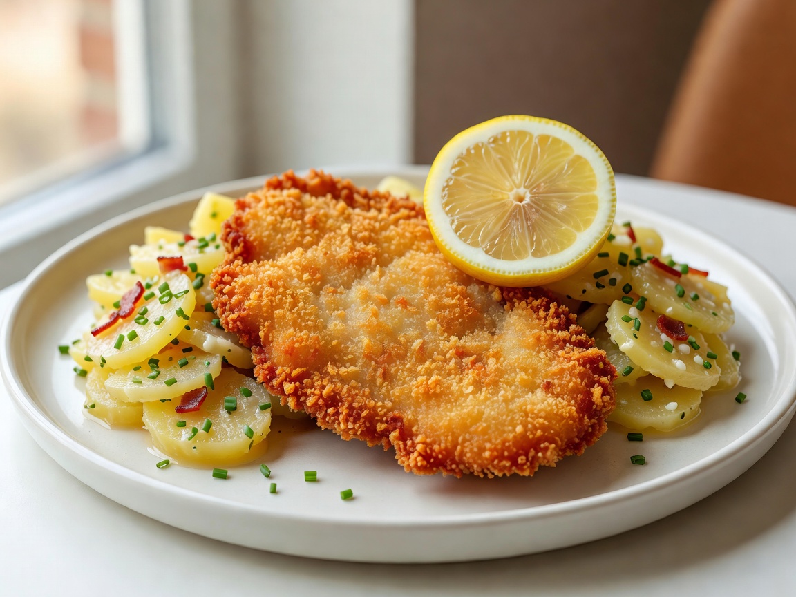 Crispy golden schnitzel served with lemon slice and potato salad