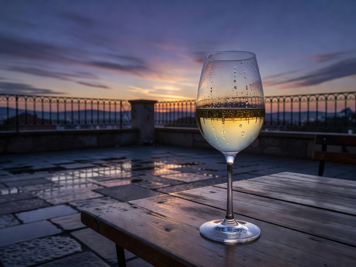 Glass of chilled crisp white wine at an outdoor terrace at twilight