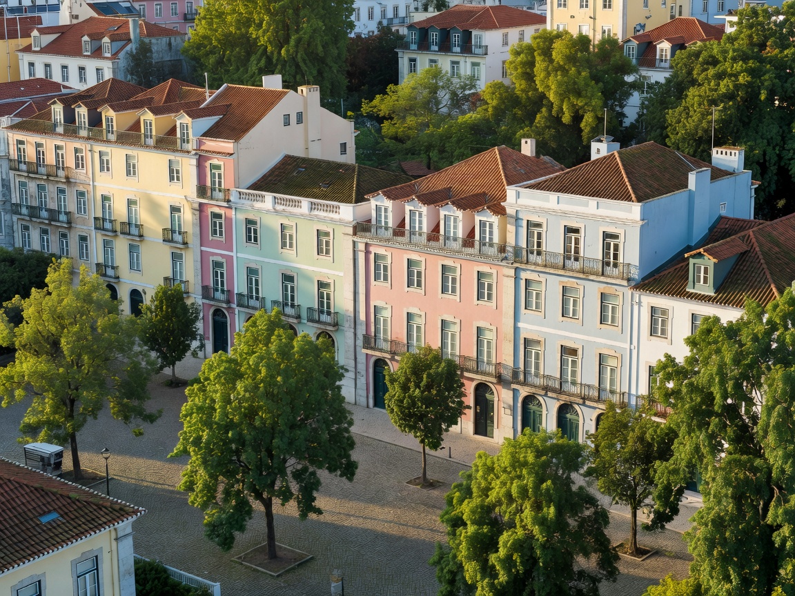 Leafy plaza and 19th century pastel townhouses in Principe Real Lisbon