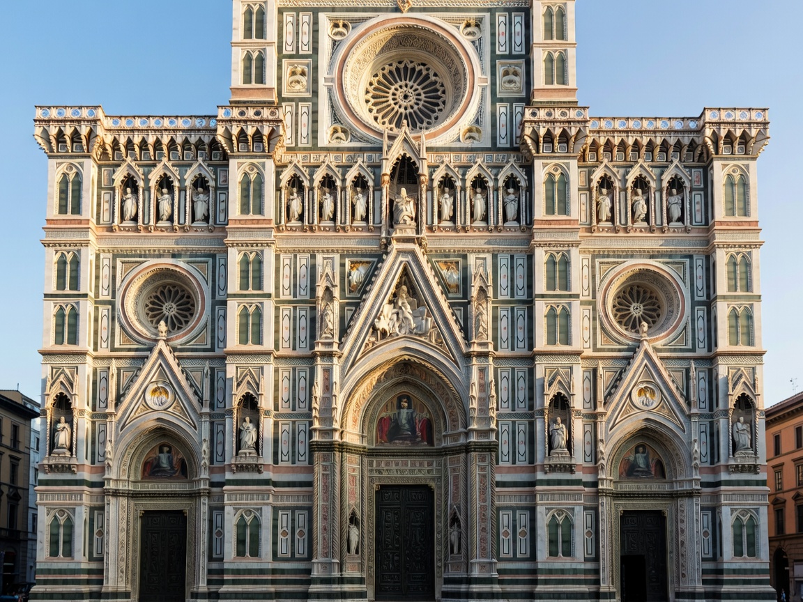 Marble facade of the Florence Cathedral in morning sunlight
