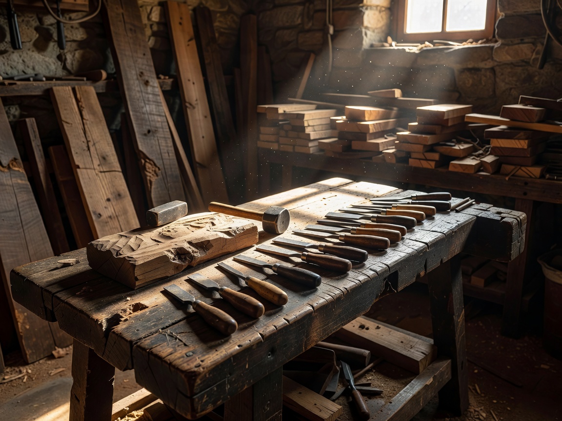Master craftsman workshop with hand carving tools and antique wood
