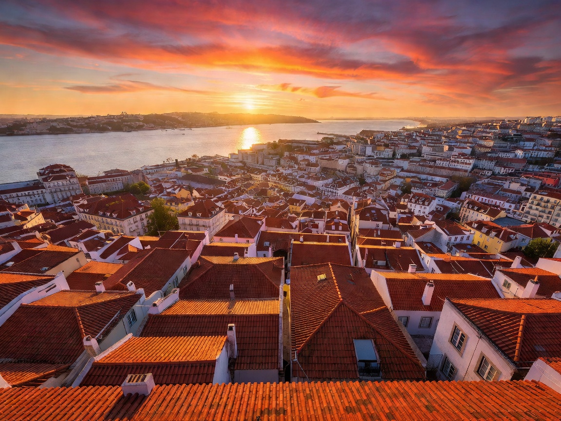 Panoramic sunset over terracotta rooftops of Lisbon with river view
