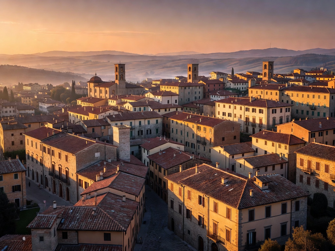 Panoramic view of Italian cityscape during golden hour sunset
