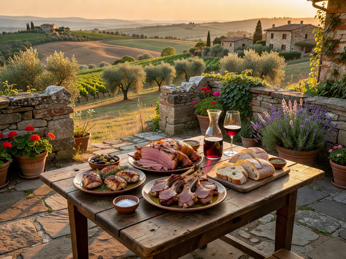 Rustic Italian dining with roasted meats and carafe of red wine in Tuscany