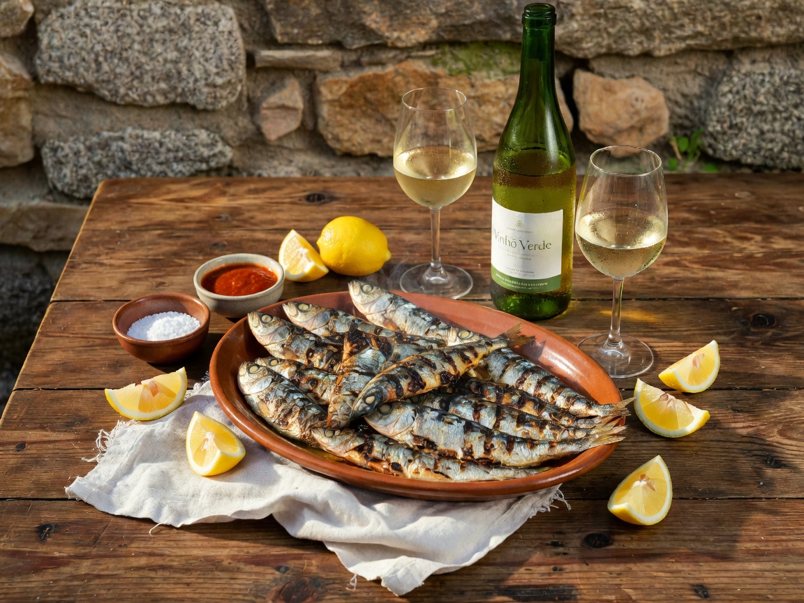 Rustic Portuguese seafood table with fresh grilled fish, lemon and white wine
