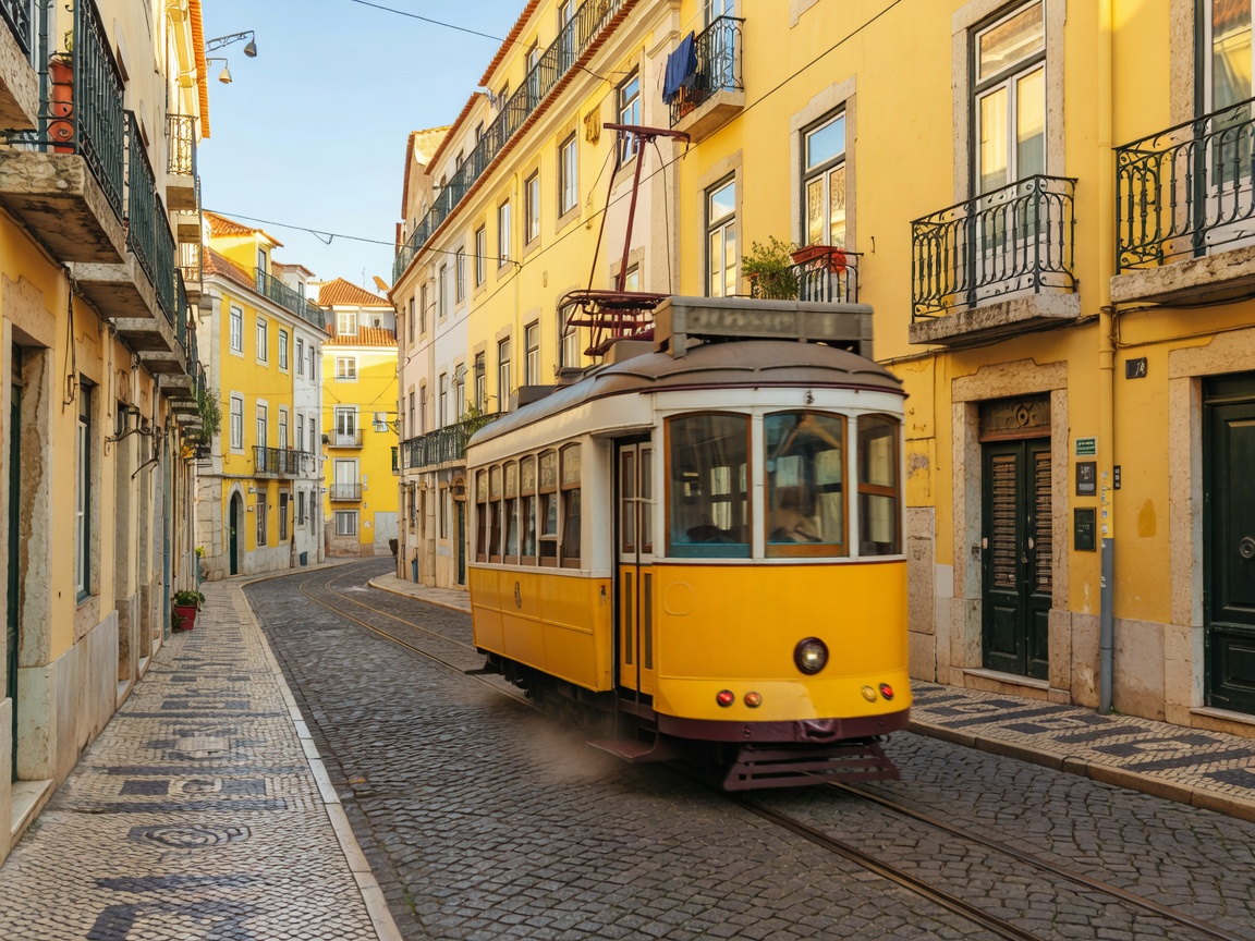 Scenic Lisbon tram rolling along historic stone streets with yellow facades