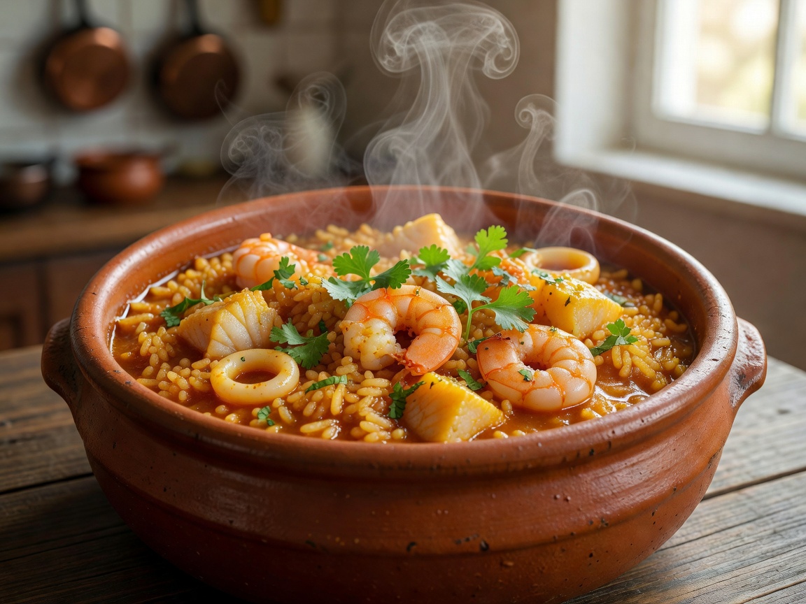 Steaming clay pot of rich Portuguese seafood rice with prawns and coriander