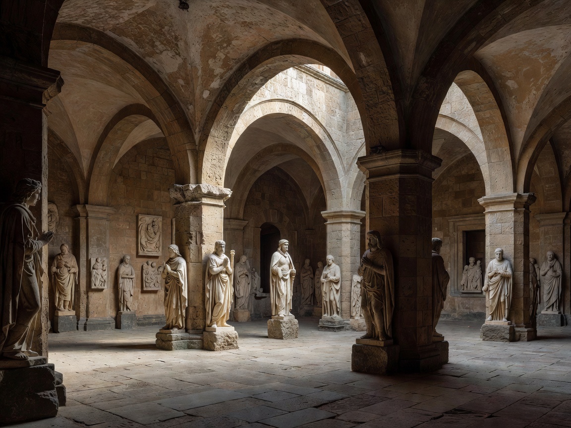 Stone arches and medieval sculpture courtyard inside Florence museum