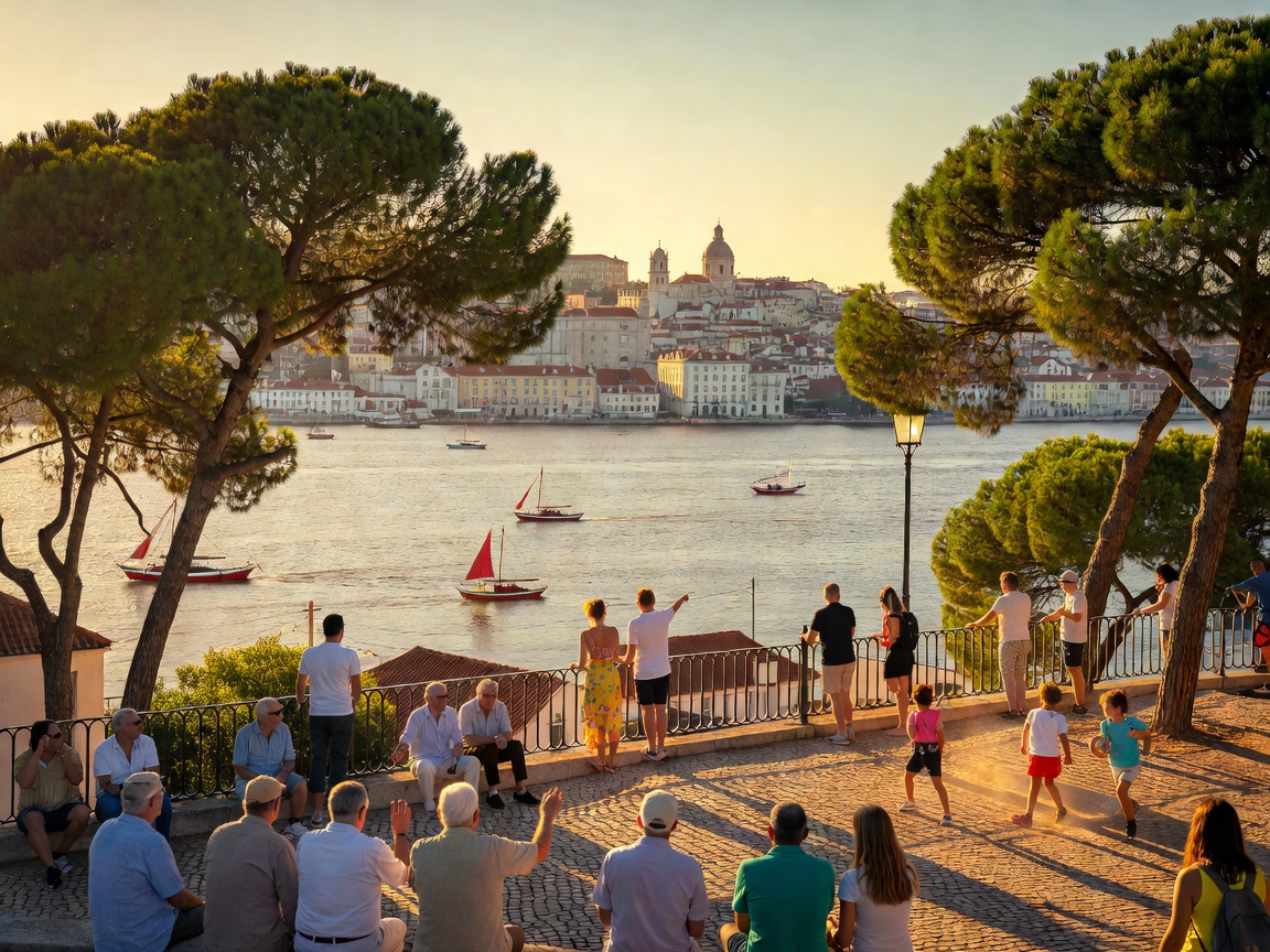 Sun drenched overlook across Lisbon riverfront at Miradouro de Santa Catarina